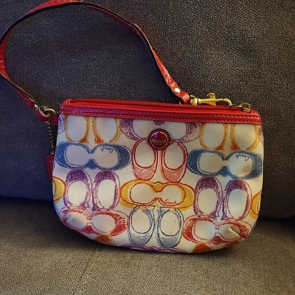 Coach Colorful Print Wristlet with Red Trim